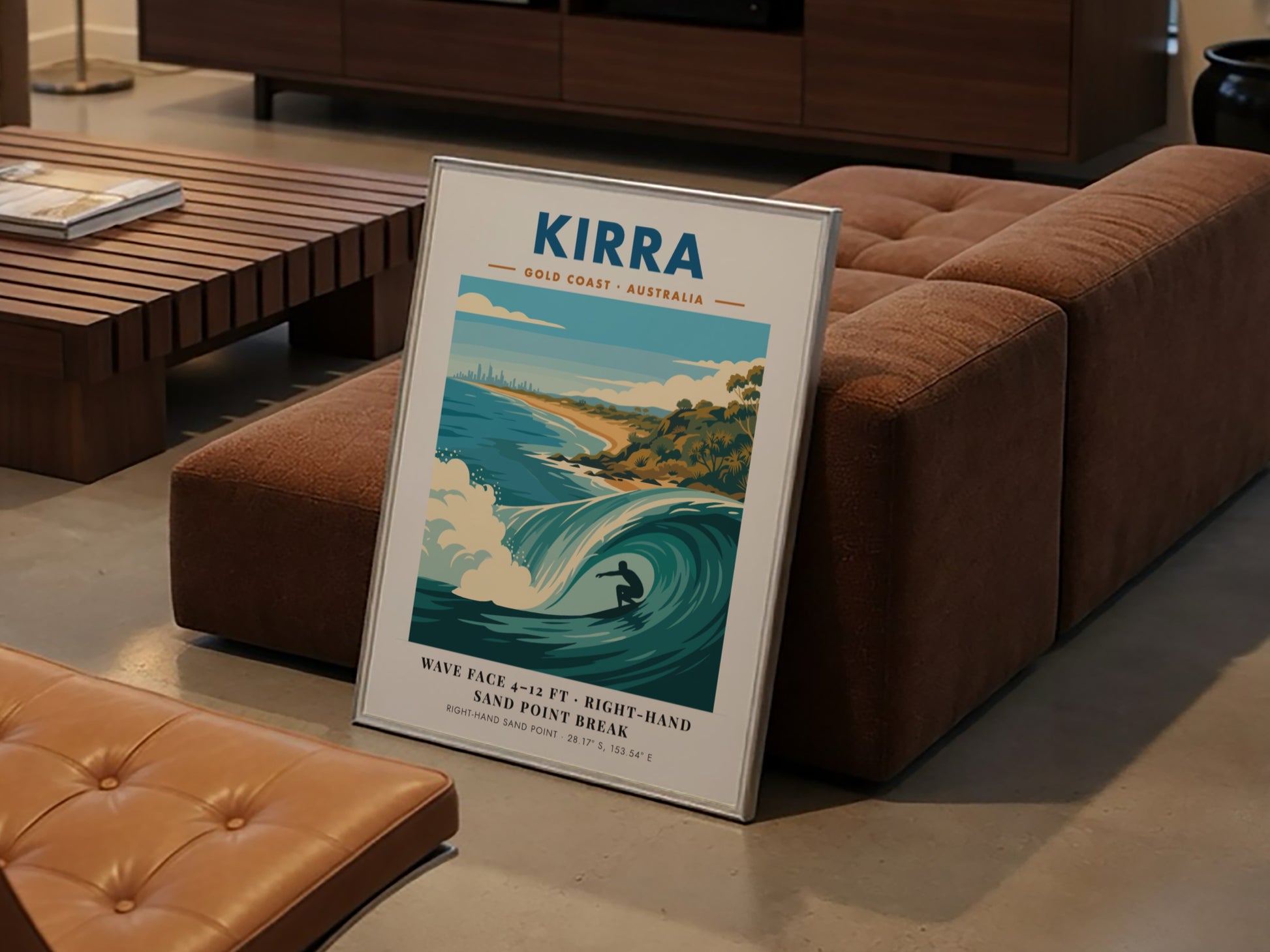 Kirra Gold Coast surf poster featuring a barrel wave and coastal skyline illustration