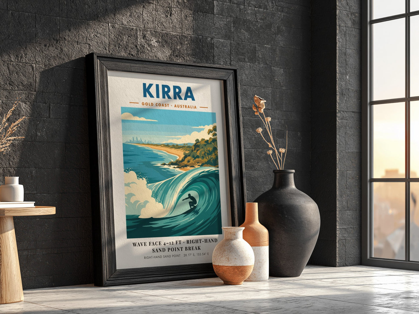 Kirra Gold Coast surf poster featuring a barrel wave and coastal skyline illustration