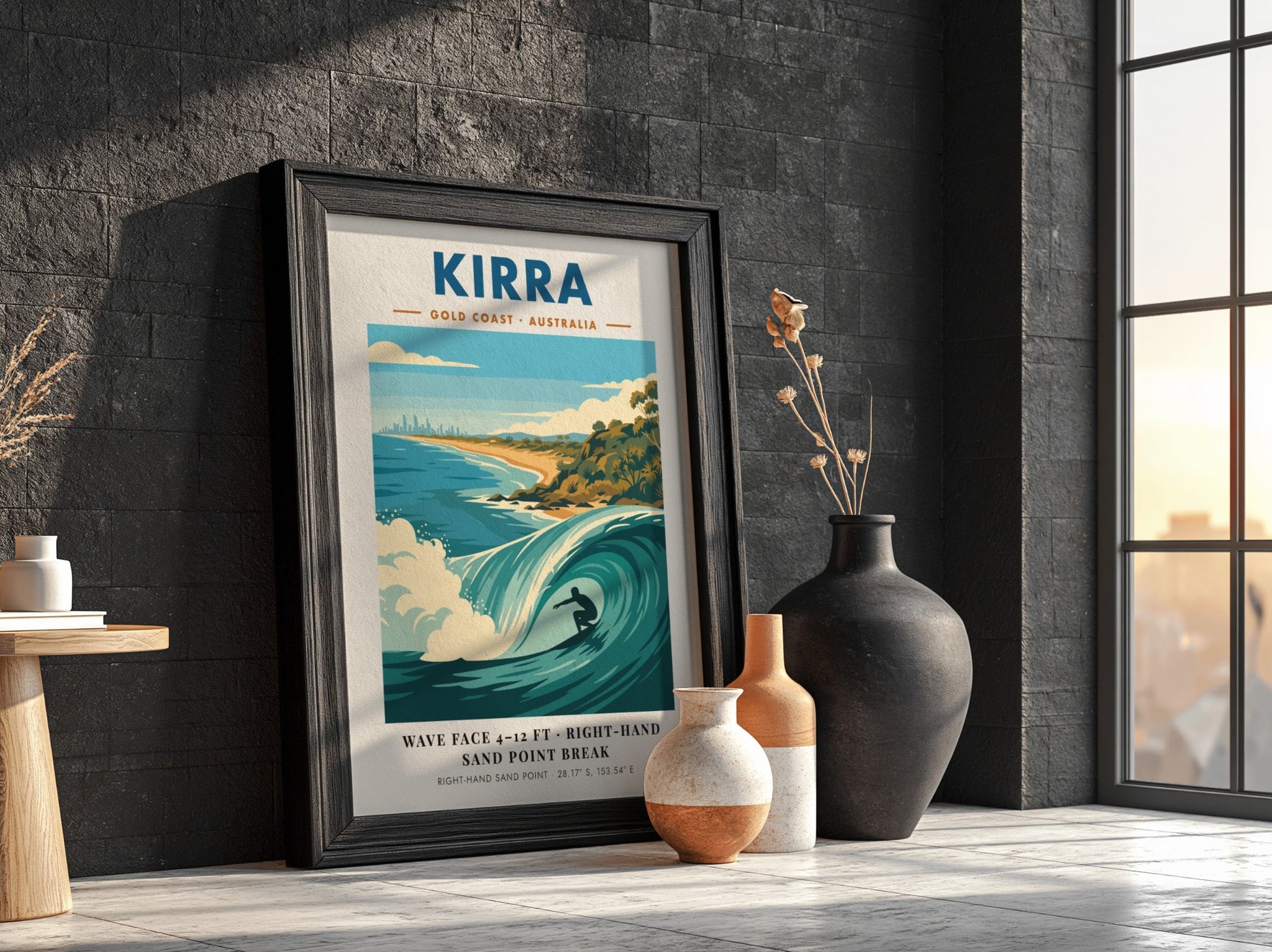 Kirra Gold Coast surf poster featuring a barrel wave and coastal skyline illustration