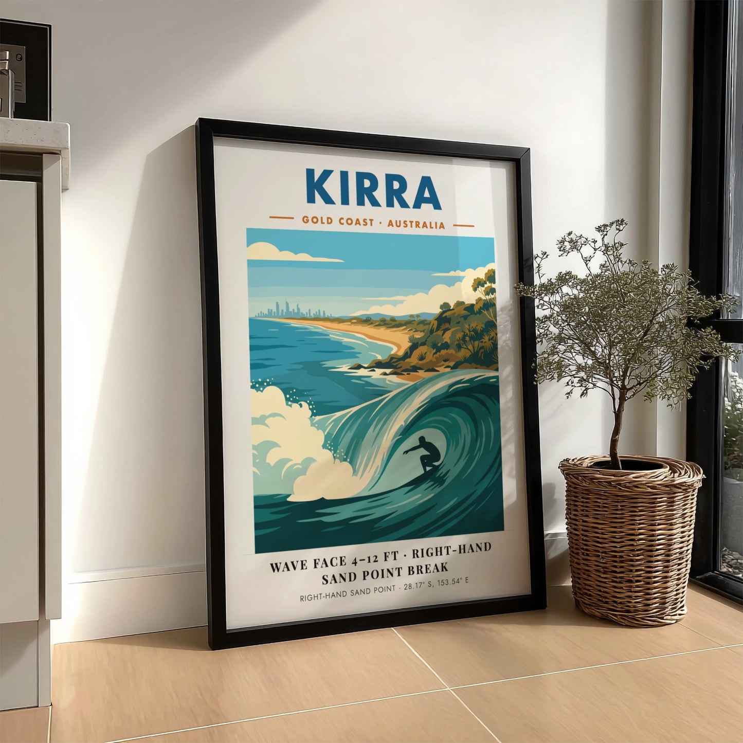 Kirra Gold Coast surf poster featuring a barrel wave and coastal skyline illustration