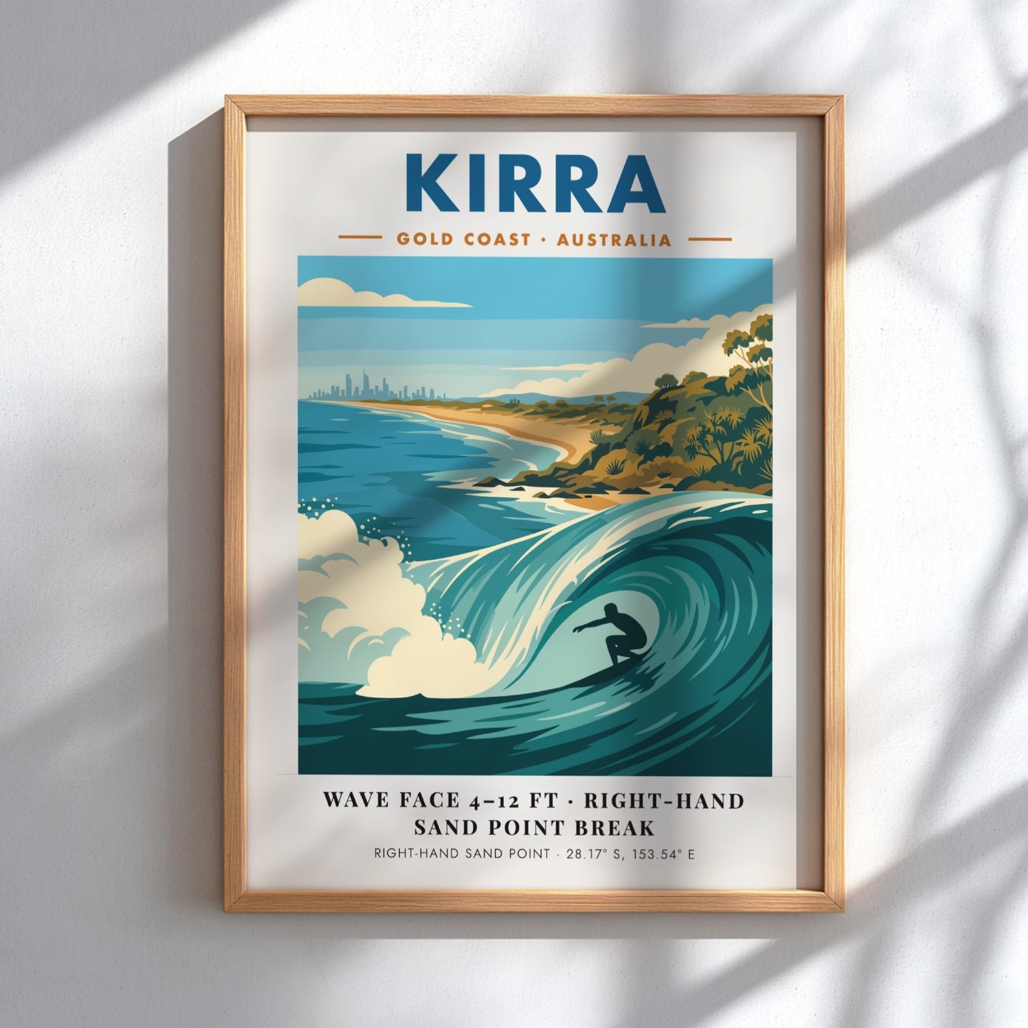Kirra Gold Coast surf poster featuring a barrel wave and coastal skyline illustration