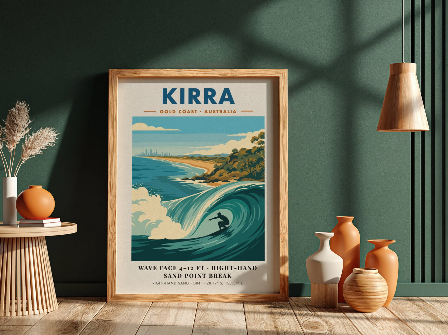 Kirra Gold Coast surf poster featuring a barrel wave and coastal skyline illustration