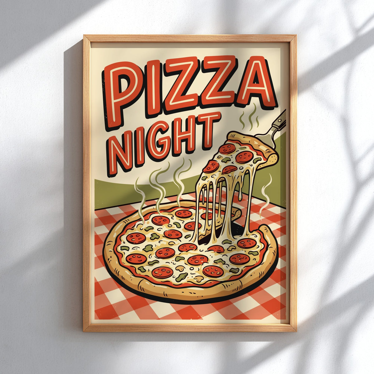 Poster featuring a retro pepperoni pizza illustration with bold red text on checkered background.