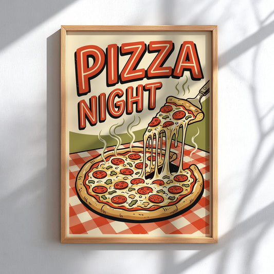Poster featuring a retro pepperoni pizza illustration with bold red text on checkered background.