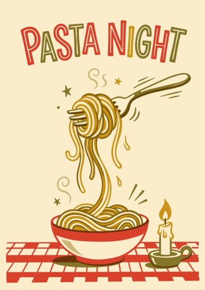 Poster featuring pasta night text with a fork lifting spaghetti above a bowl