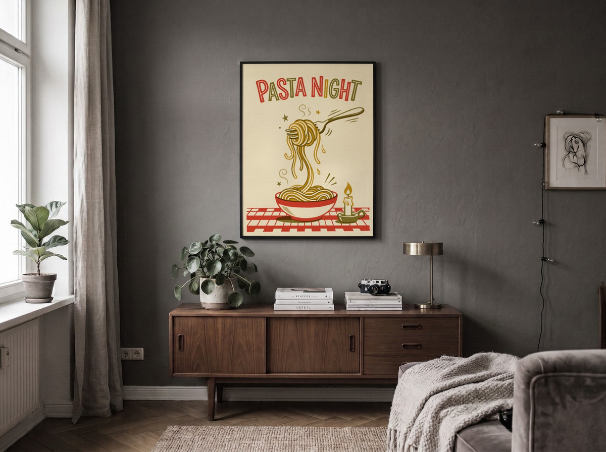 Poster featuring pasta night text with a fork lifting spaghetti above a bowl