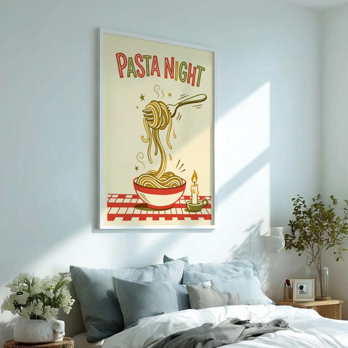 Poster featuring pasta night text with a fork lifting spaghetti above a bowl