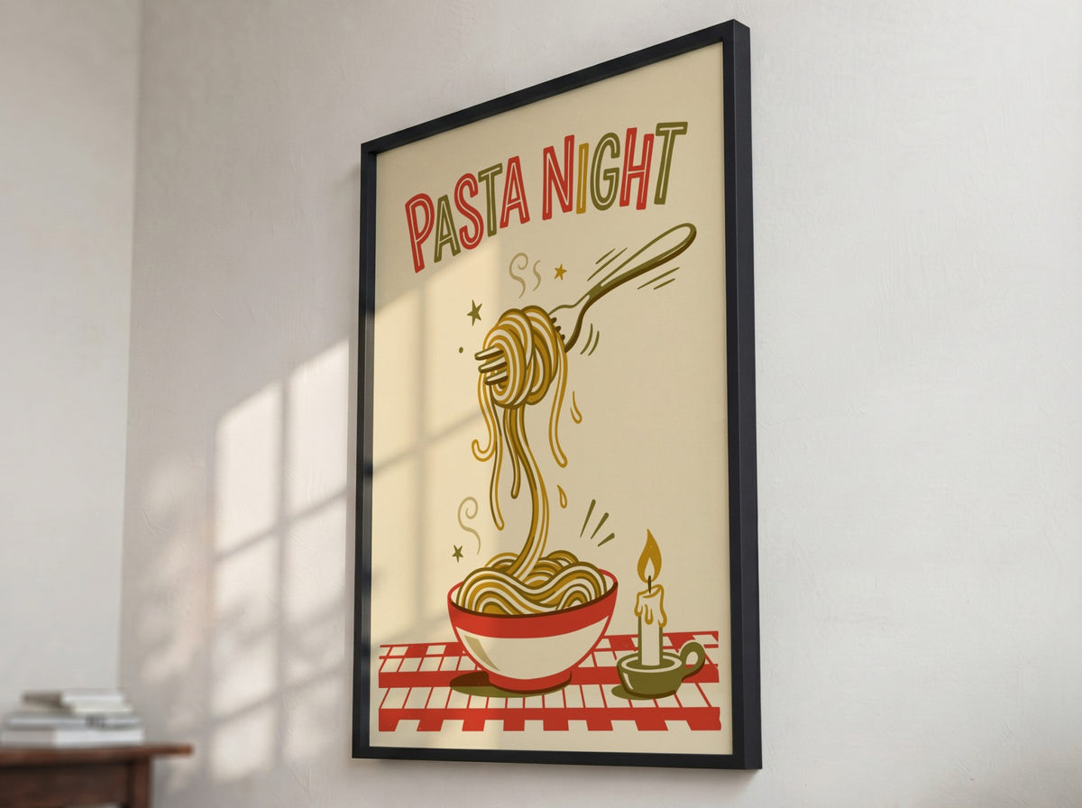 Poster featuring pasta night text with a fork lifting spaghetti above a bowl