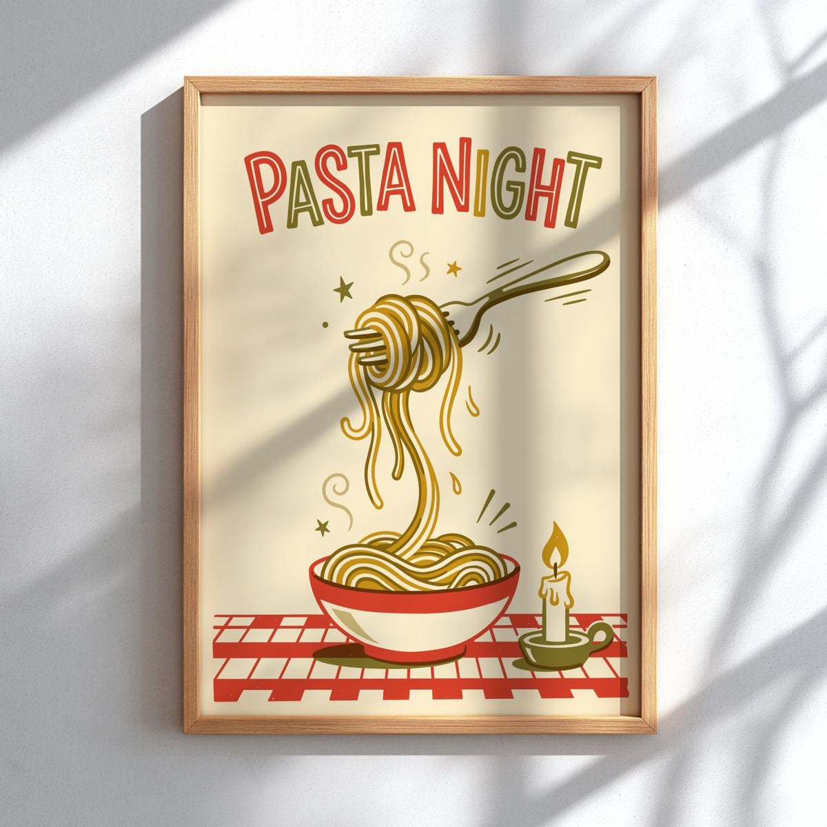 Poster featuring pasta night text with a fork lifting spaghetti above a bowl