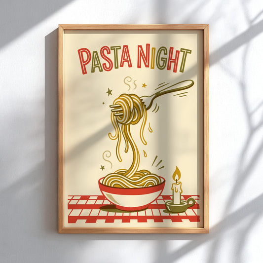 Poster featuring pasta night text with a fork lifting spaghetti above a bowl