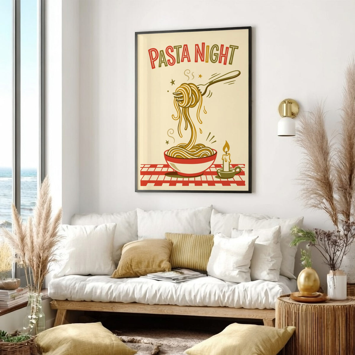 Poster featuring pasta night text with a fork lifting spaghetti above a bowl