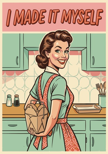 Poster featuring a retro woman holding takeout with the caption I Made It Myself