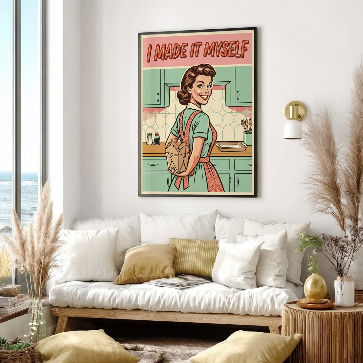 Poster featuring a retro woman holding takeout with the caption I Made It Myself