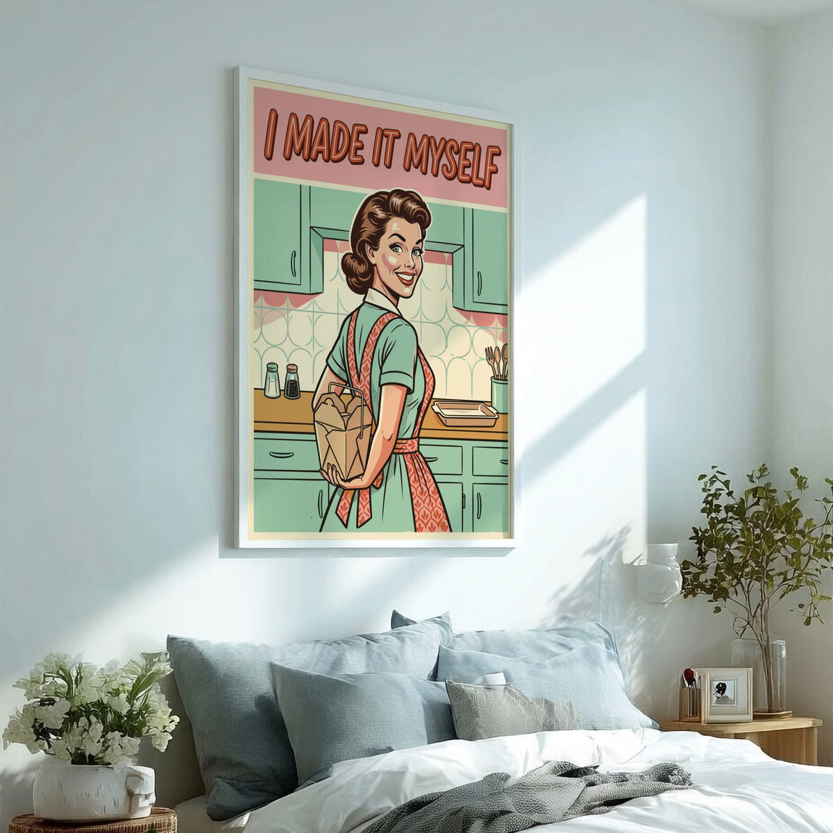 Poster featuring a retro woman holding takeout with the caption I Made It Myself
