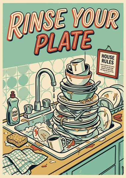 Poster featuring a sink filled with dirty dishes and bold Rinse Your Plate text