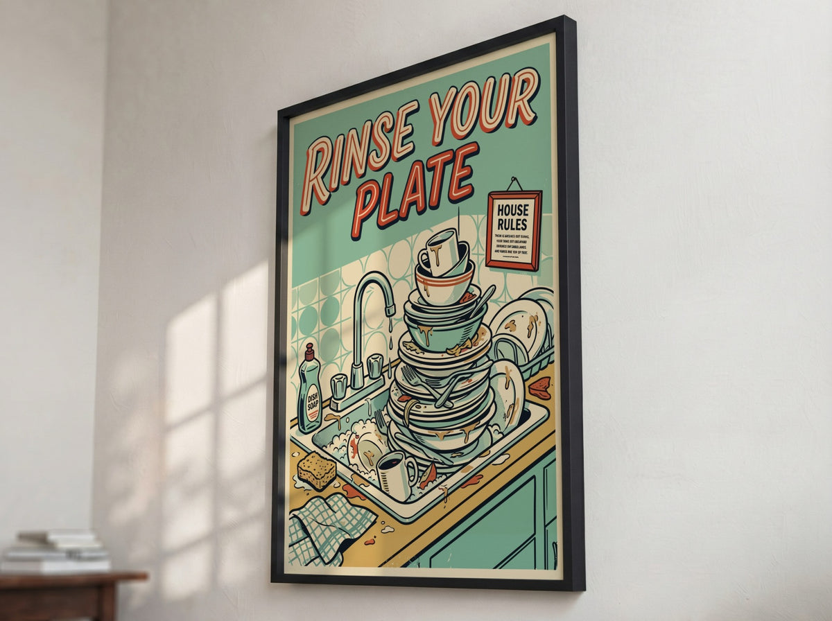 Poster featuring a sink filled with dirty dishes and bold Rinse Your Plate text