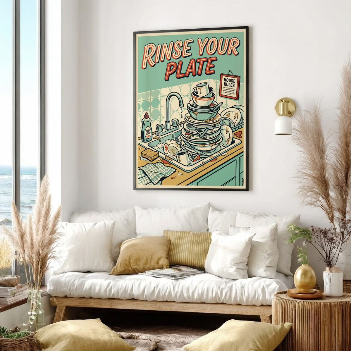 Poster featuring a sink filled with dirty dishes and bold Rinse Your Plate text