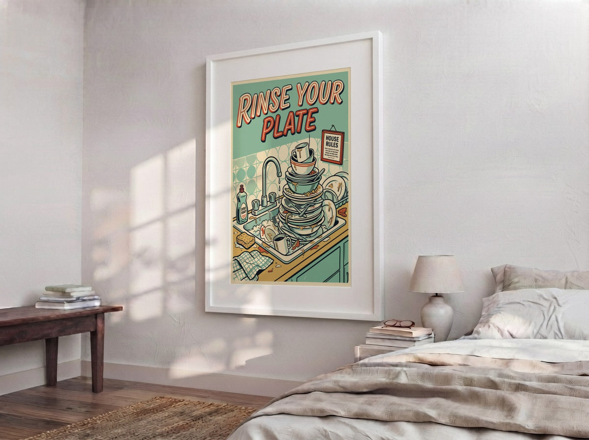 Poster featuring a sink filled with dirty dishes and bold Rinse Your Plate text