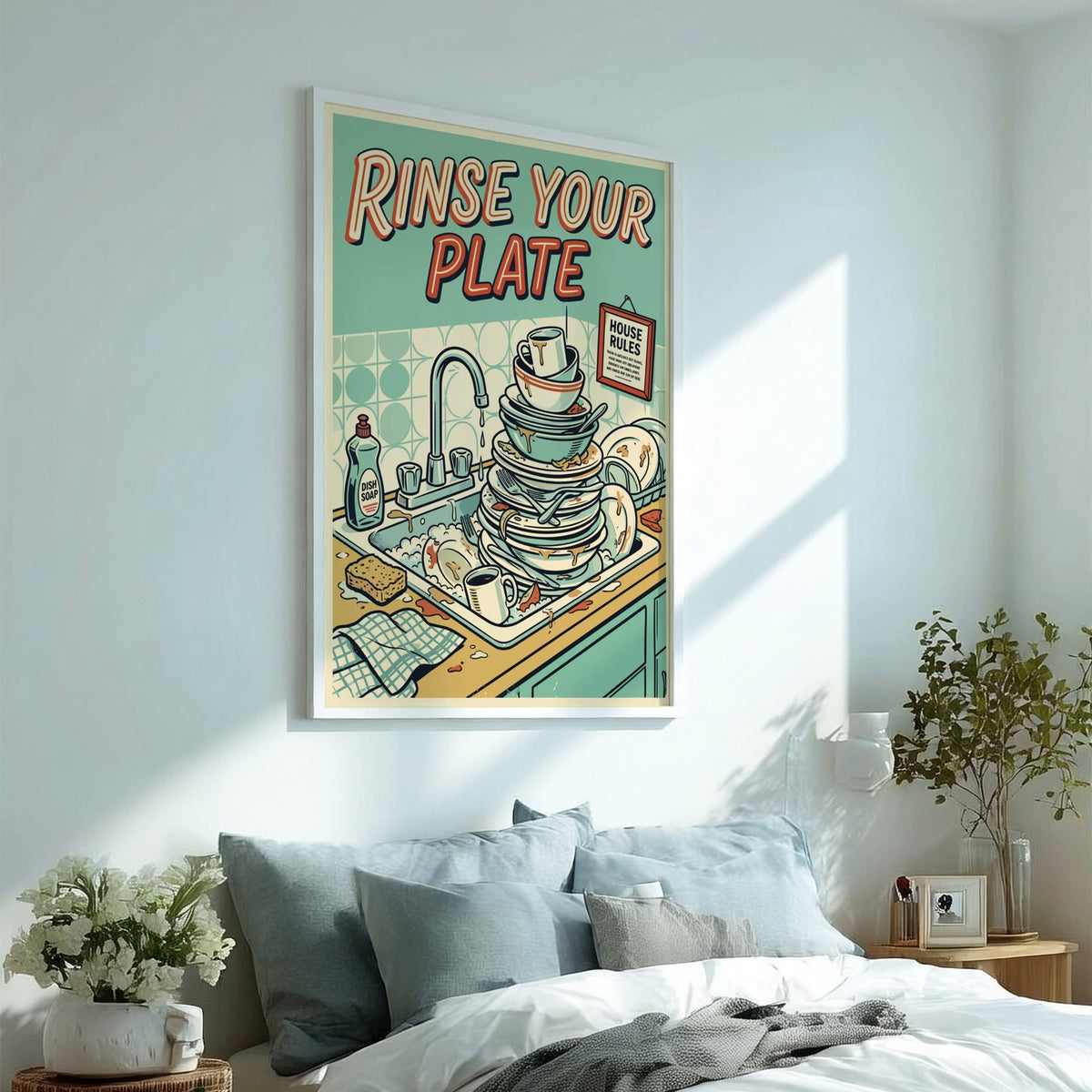 Poster featuring a sink filled with dirty dishes and bold Rinse Your Plate text