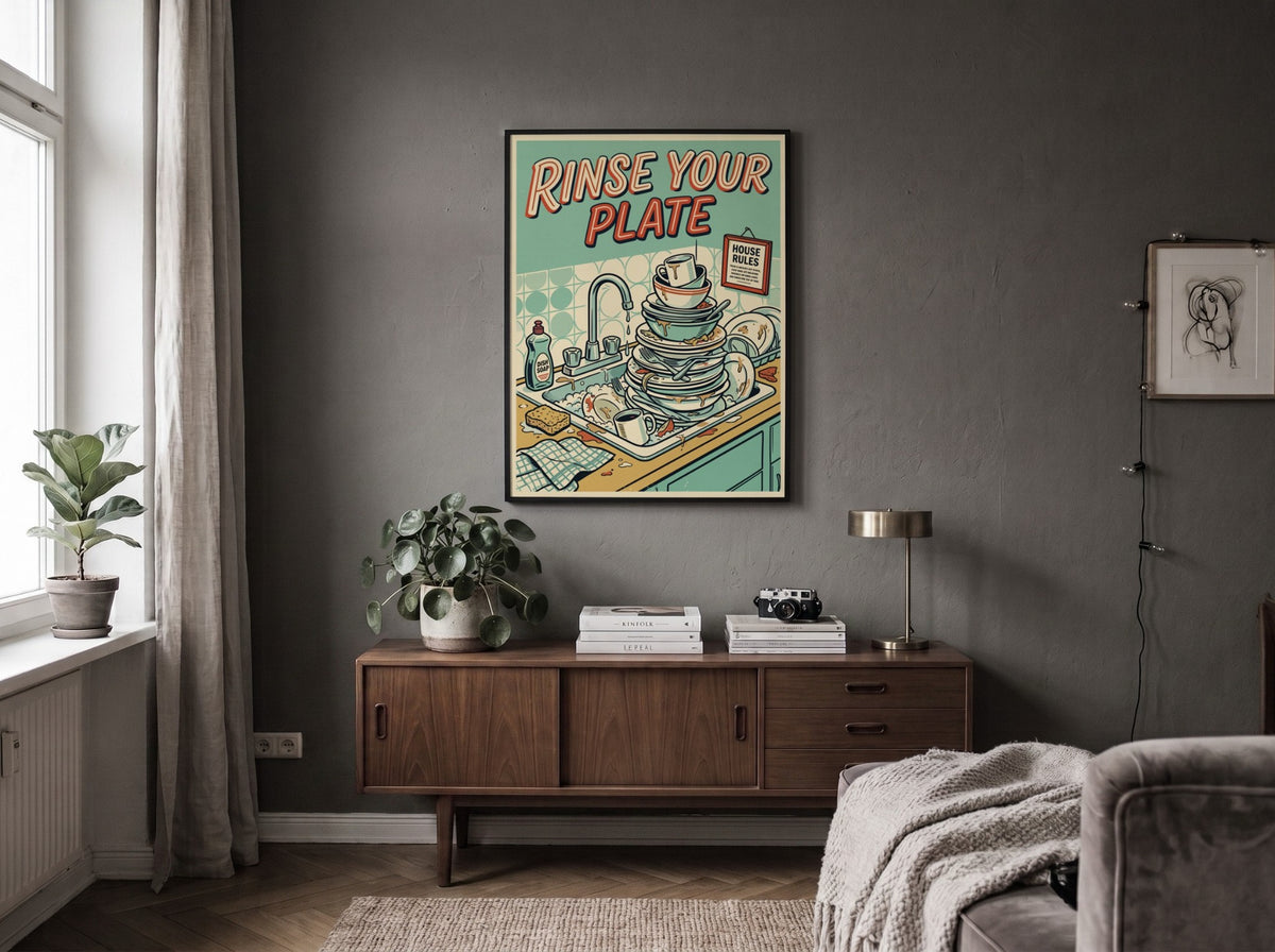 Poster featuring a sink filled with dirty dishes and bold Rinse Your Plate text