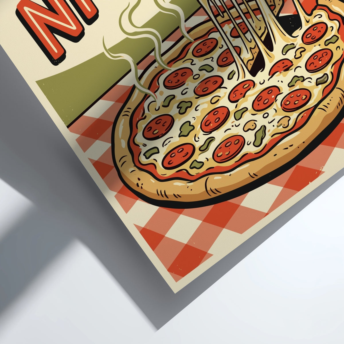 Poster featuring a retro pepperoni pizza illustration with bold red text on checkered background.