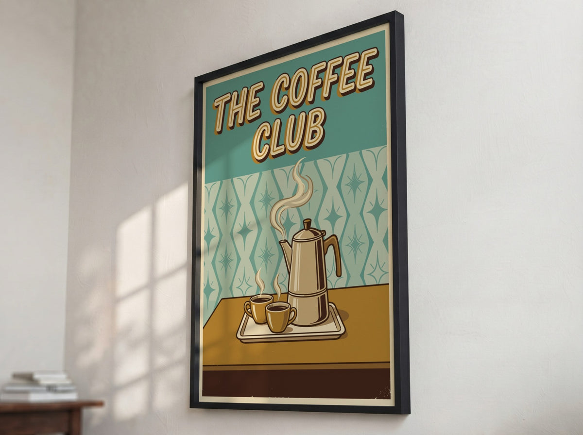 Poster featuring The Coffee Club text with a steaming silver percolator and two cups