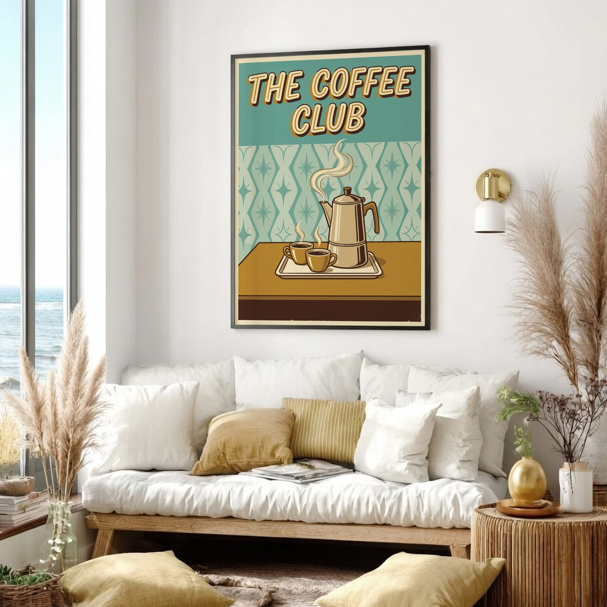 Poster featuring The Coffee Club text with a steaming silver percolator and two cups