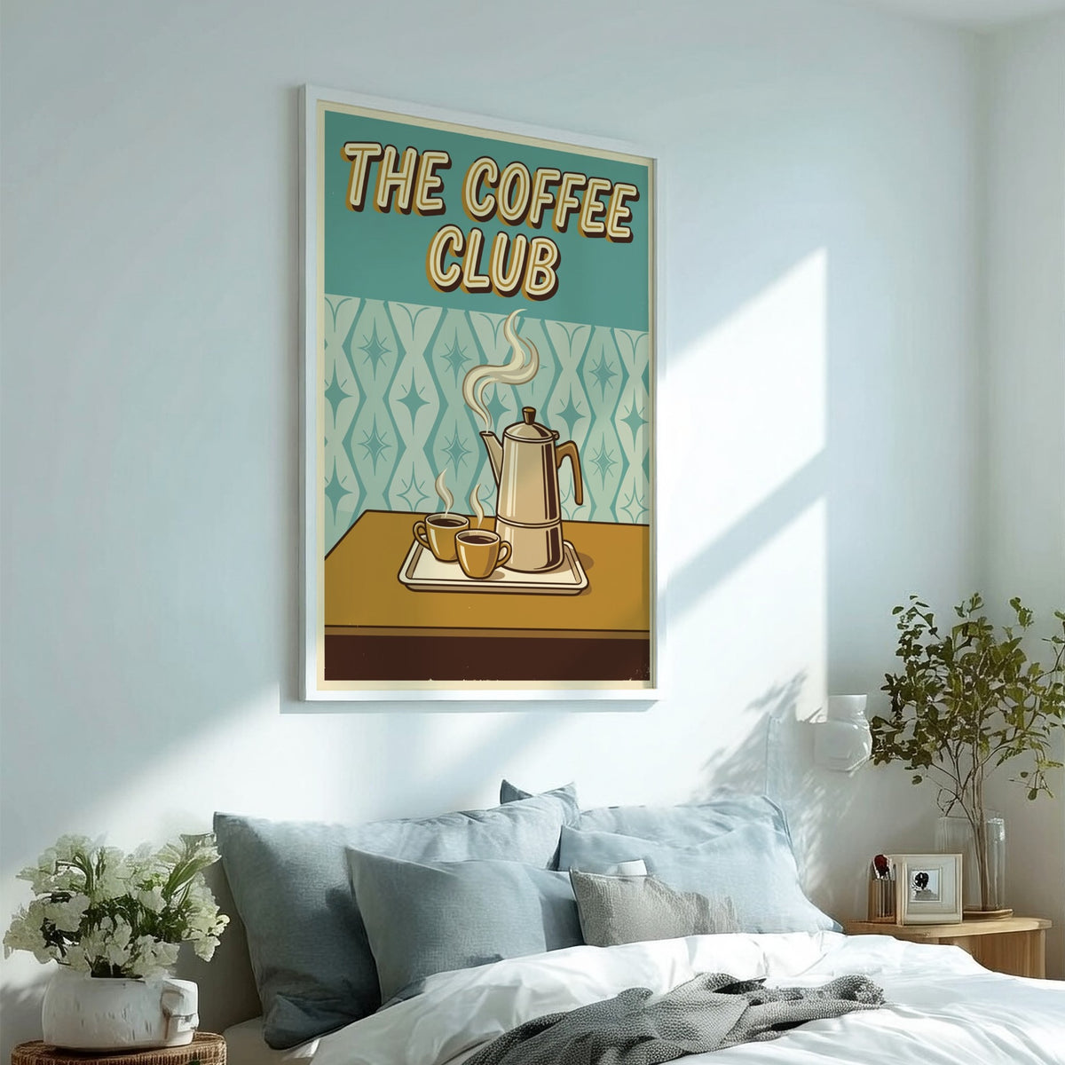 Poster featuring The Coffee Club text with a steaming silver percolator and two cups