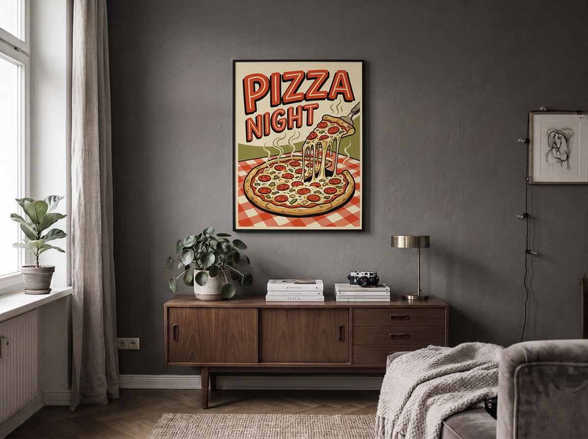 Poster featuring a retro pepperoni pizza illustration with bold red text on checkered background.