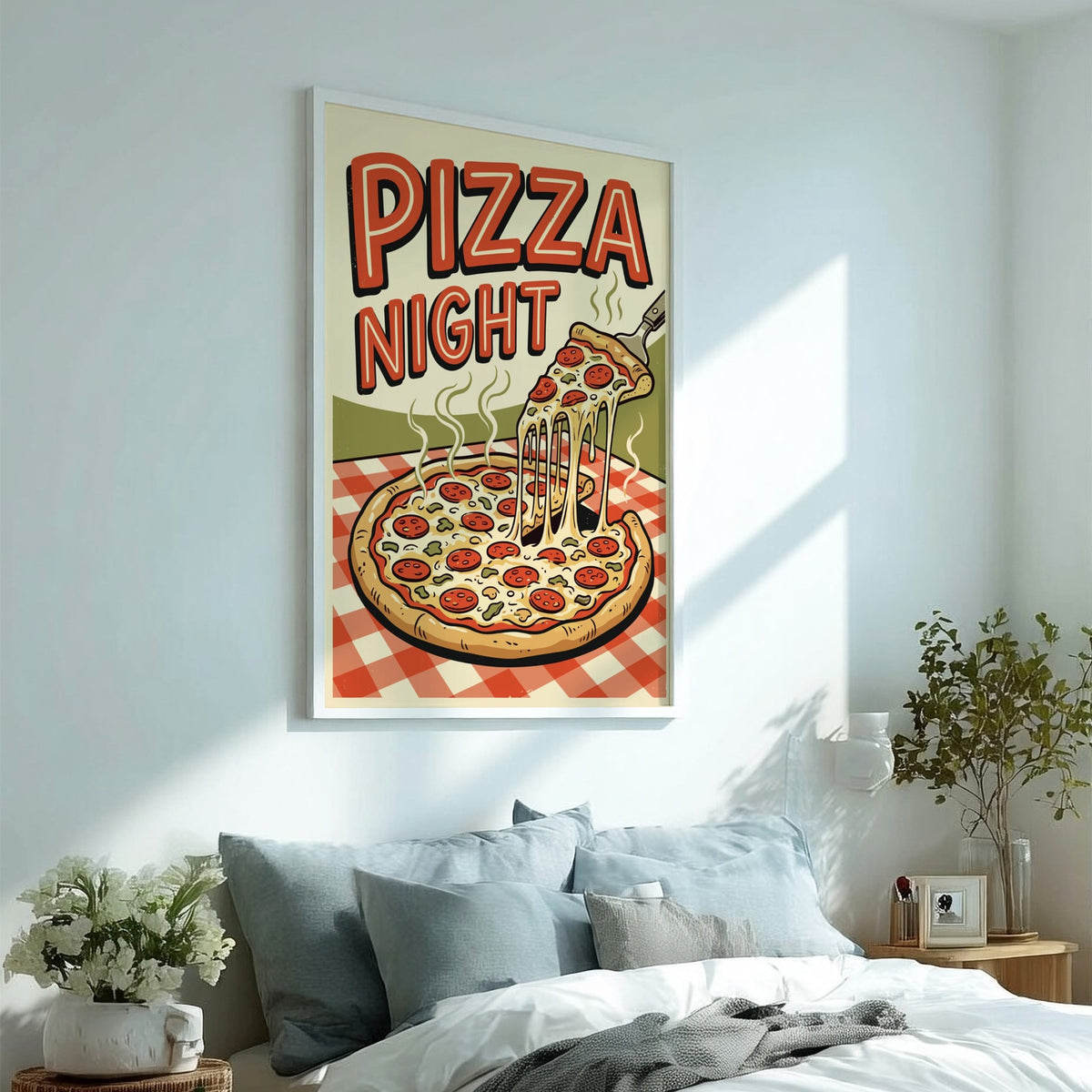 Poster featuring a retro pepperoni pizza illustration with bold red text on checkered background.