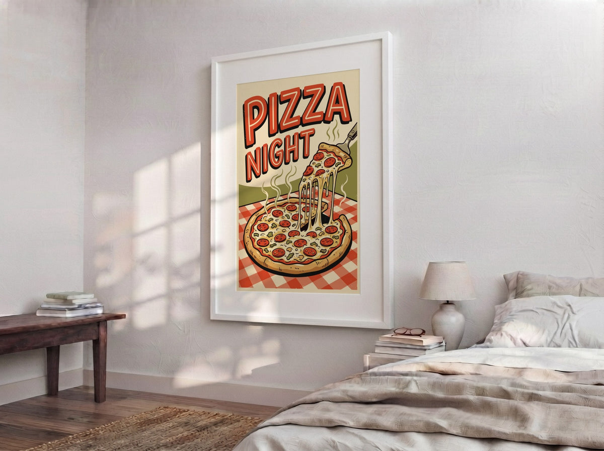 Poster featuring a retro pepperoni pizza illustration with bold red text on checkered background.