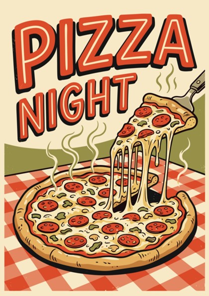Poster featuring a retro pepperoni pizza illustration with bold red text on checkered background.