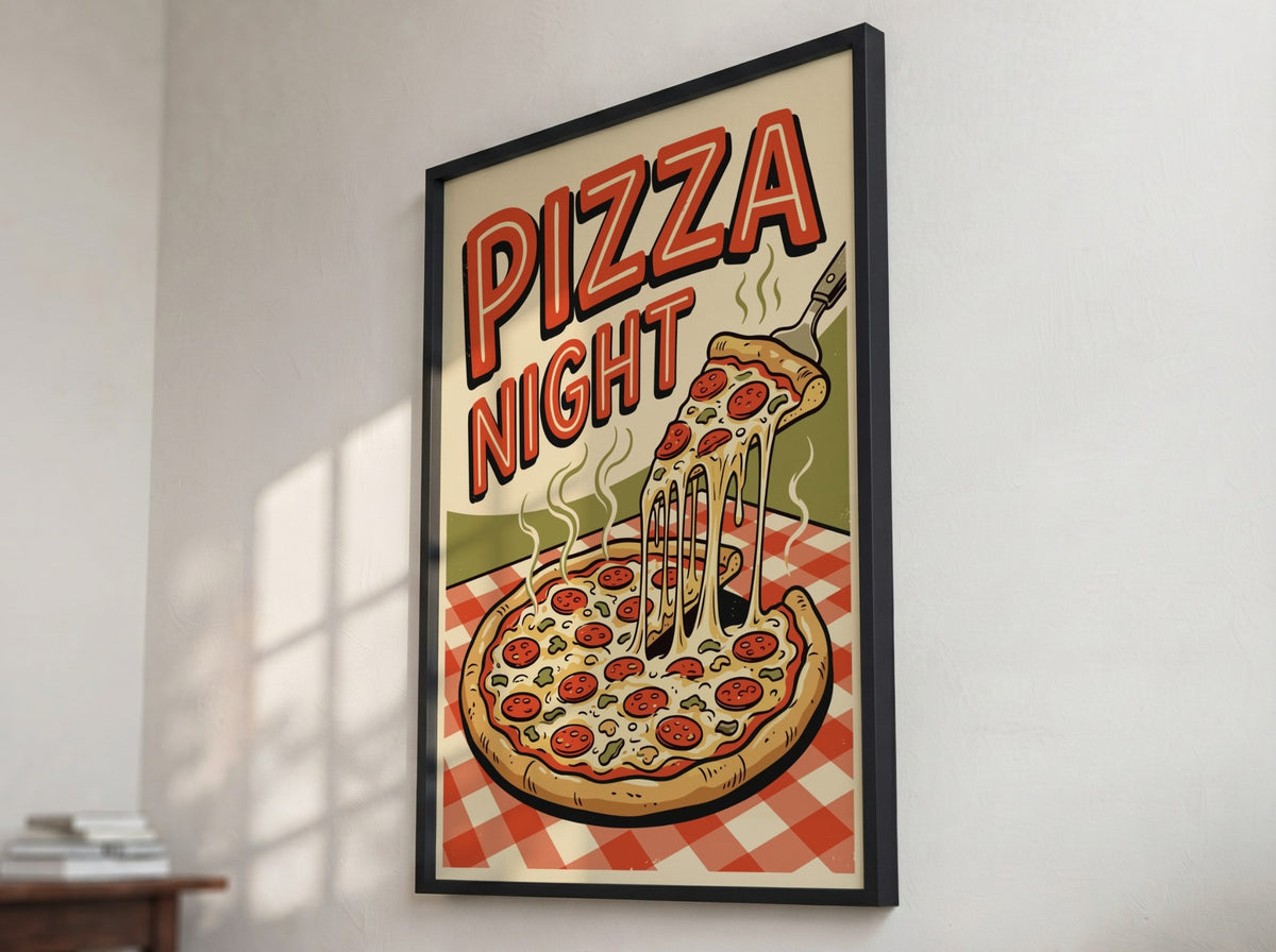 Poster featuring a retro pepperoni pizza illustration with bold red text on checkered background.