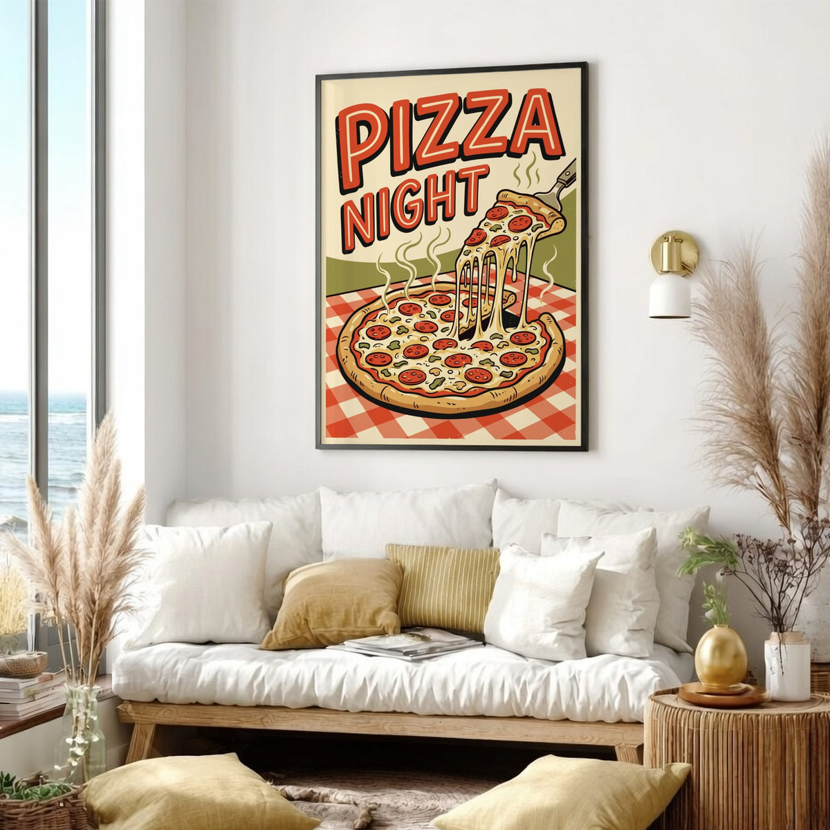 Poster featuring a retro pepperoni pizza illustration with bold red text on checkered background.