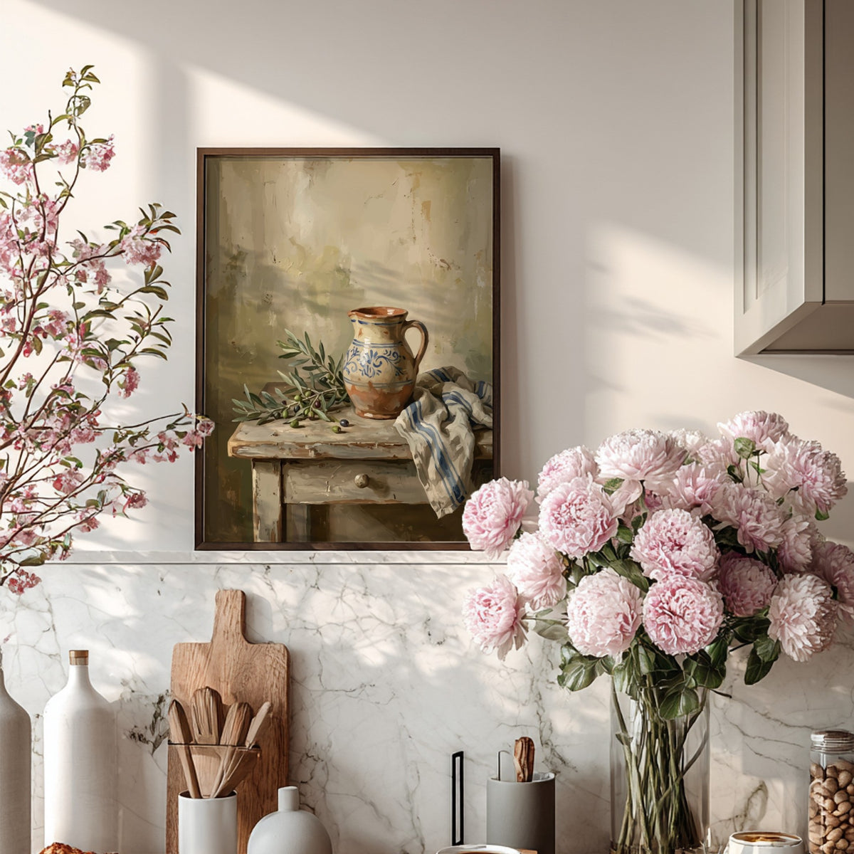 Poster featuring a rustic ceramic pitcher with blue patterns beside olive branches and cloth