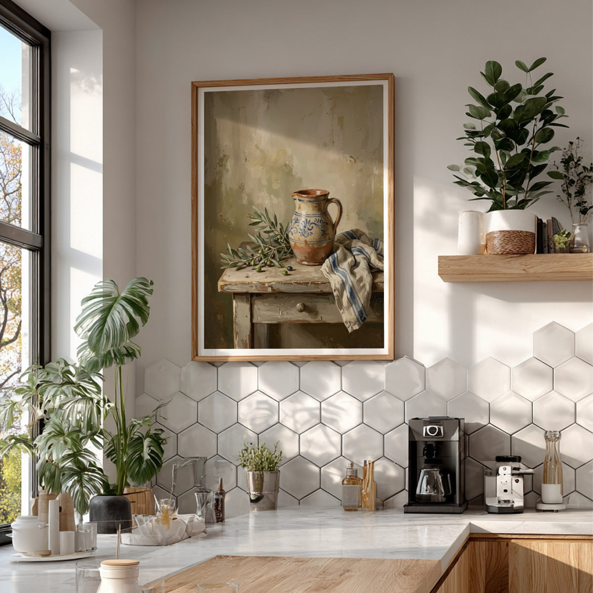Poster featuring a rustic ceramic pitcher with blue patterns beside olive branches and cloth