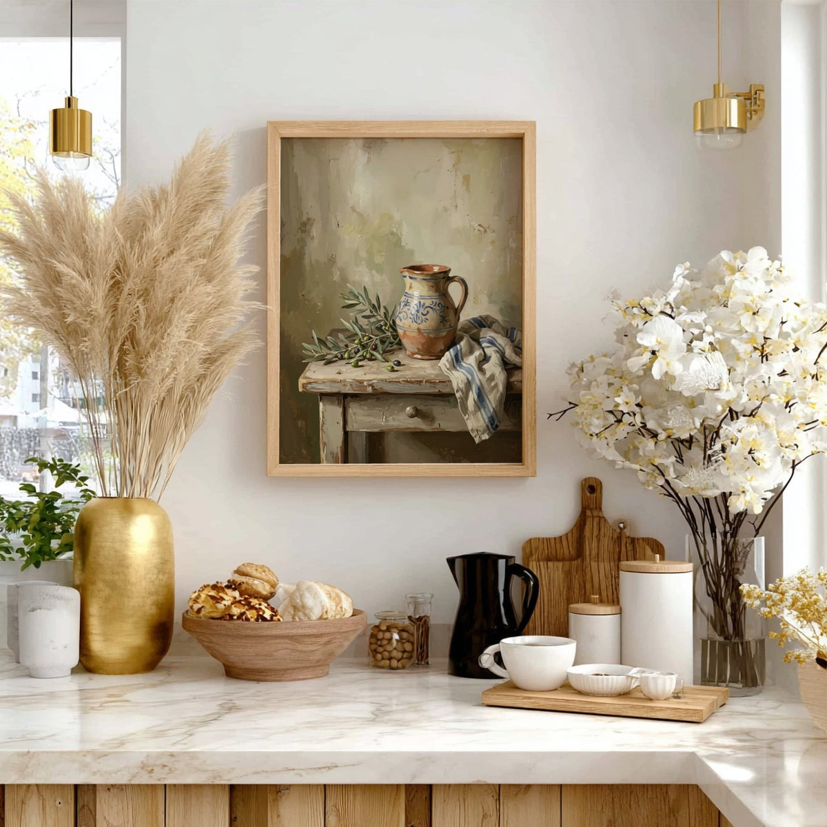 Poster featuring a rustic ceramic pitcher with blue patterns beside olive branches and cloth