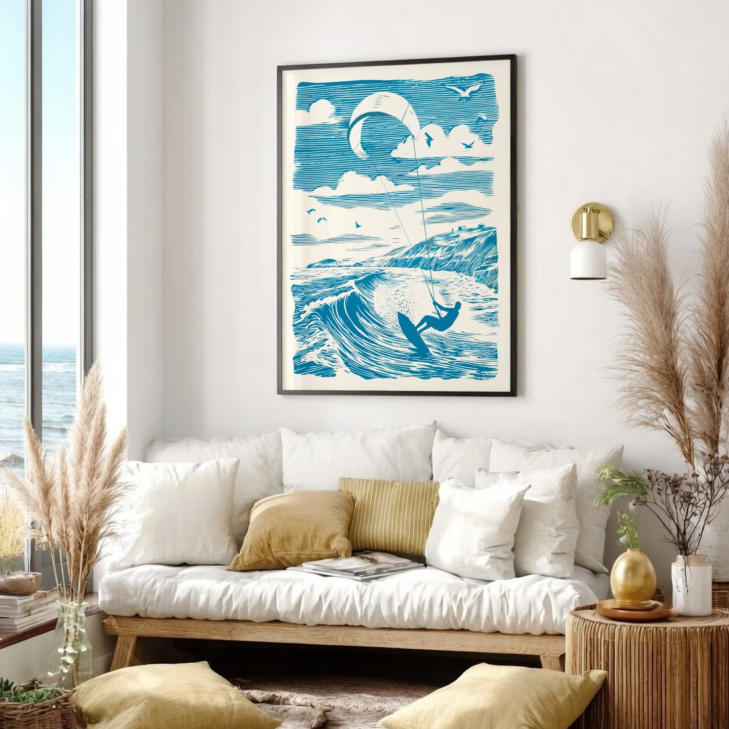 Living room with a framed artwork of a surfer on a wave, white sofa, and decorative elements.