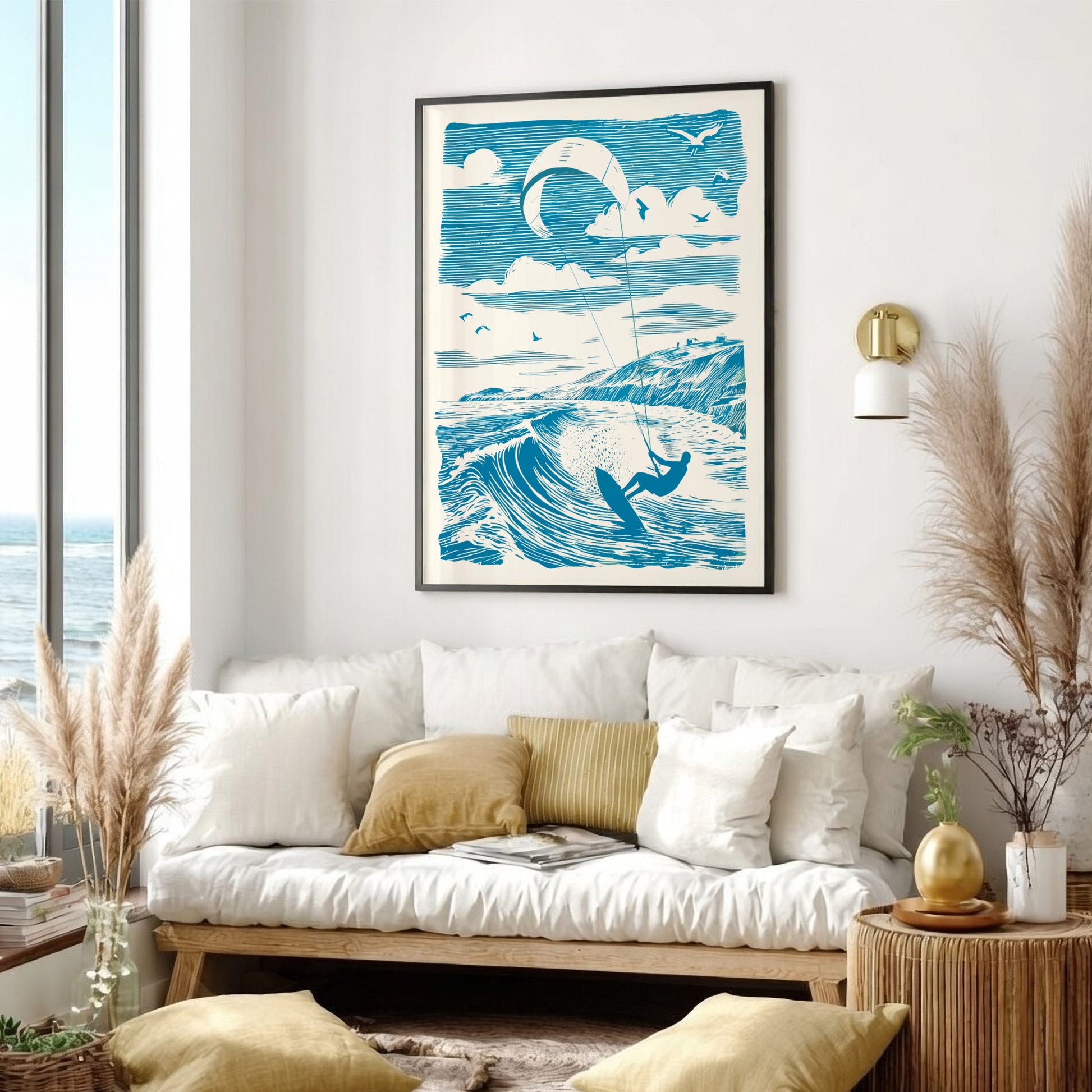 Living room with a framed artwork of a surfer on a wave, white sofa, and decorative elements.