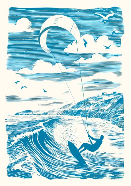 Illustration of a kite surfer on a wave with a blue sky and clouds.
