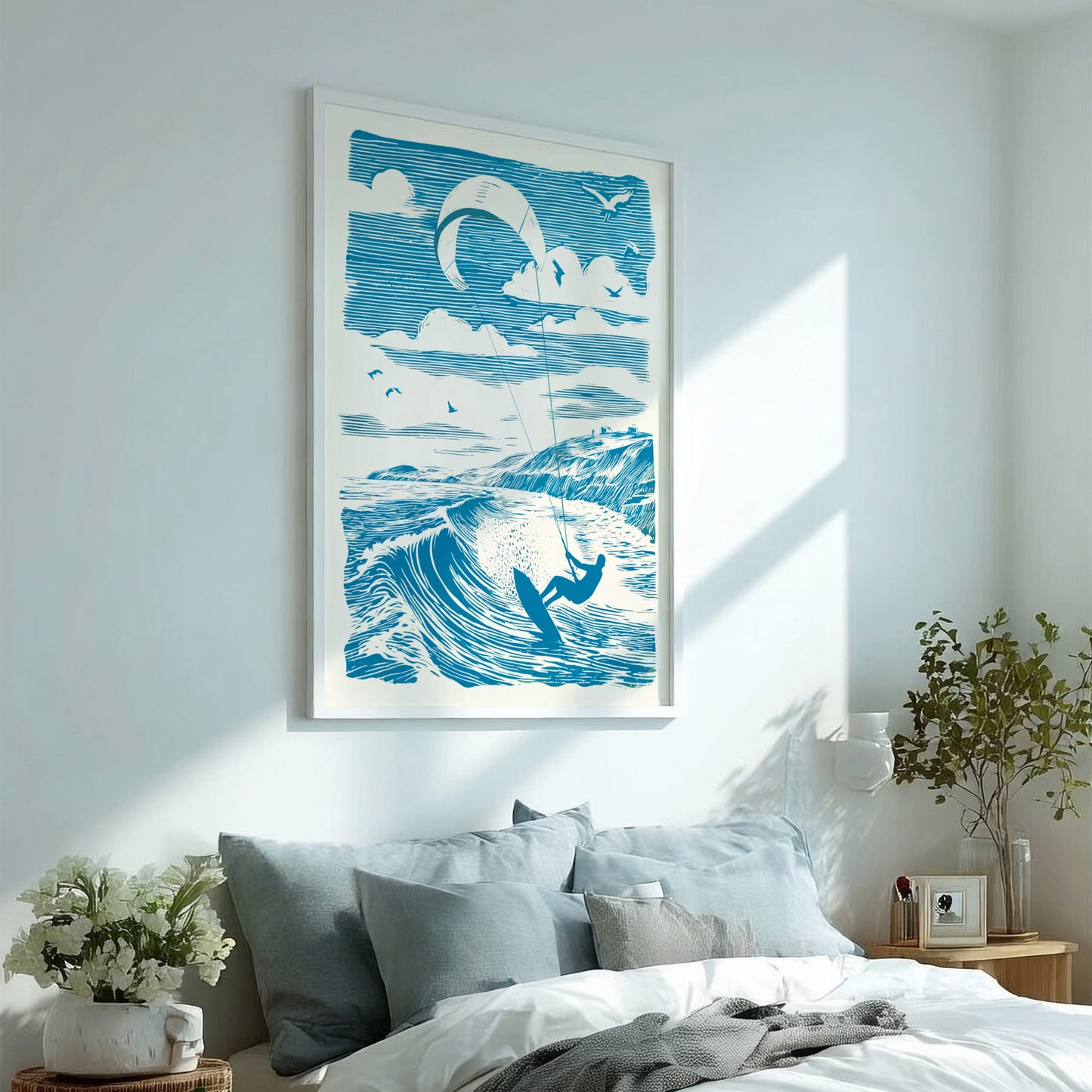 Framed artwork of a surfer on a wave in a bedroom setting