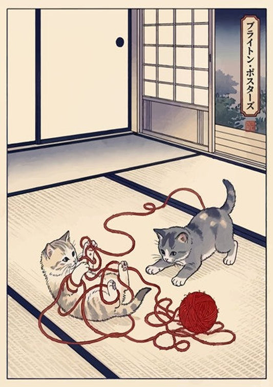 Poster featuring two kittens playing with red yarn in a traditional Japanese room style.