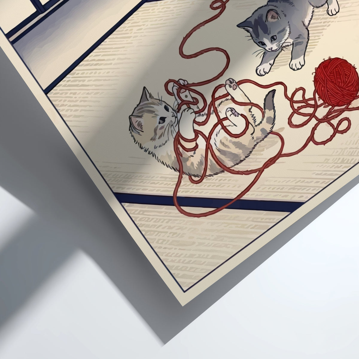 Poster featuring two kittens playing with red yarn in a traditional Japanese room style.