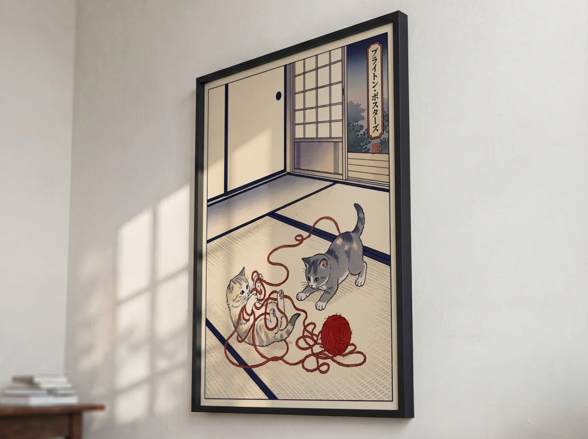Poster featuring two kittens playing with red yarn in a traditional Japanese room style.
