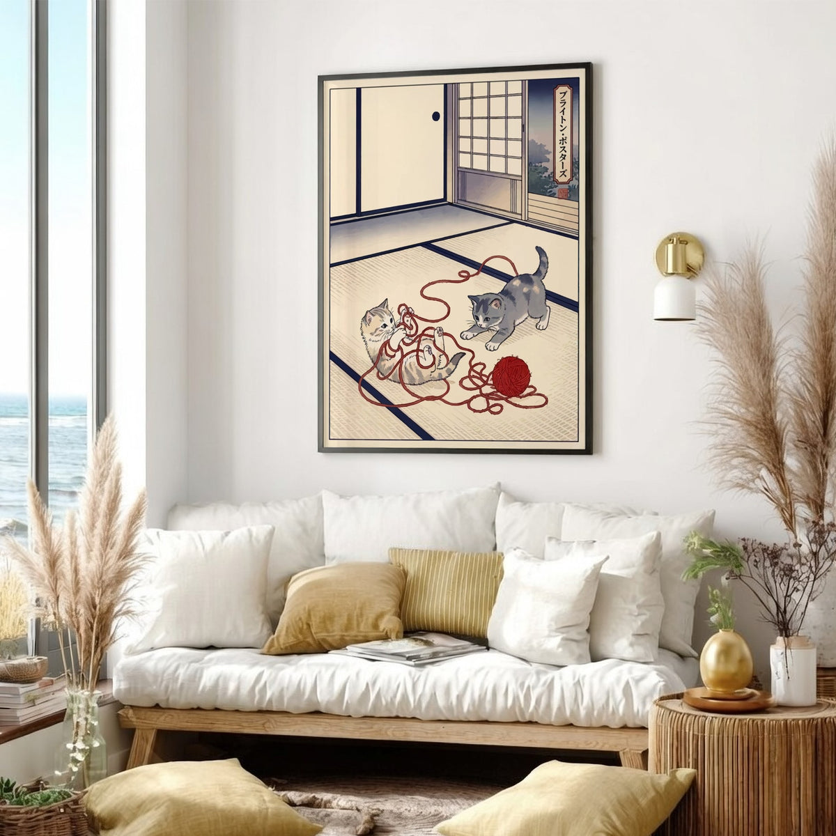 Poster featuring two kittens playing with red yarn in a traditional Japanese room style.
