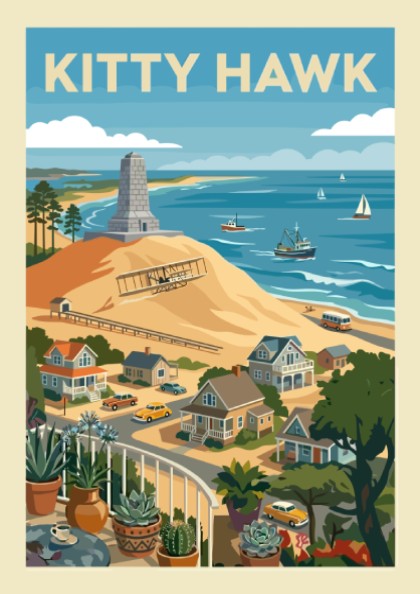 Retro illustration of Kitty Hawk beach with Wright Brothers memorial, vintage airplane, and coastal town.