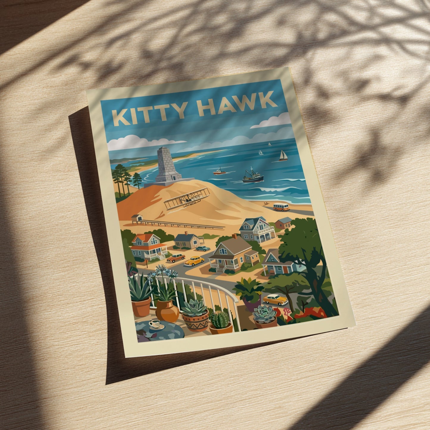 Retro illustration of Kitty Hawk beach with Wright Brothers memorial, vintage airplane, and coastal town.