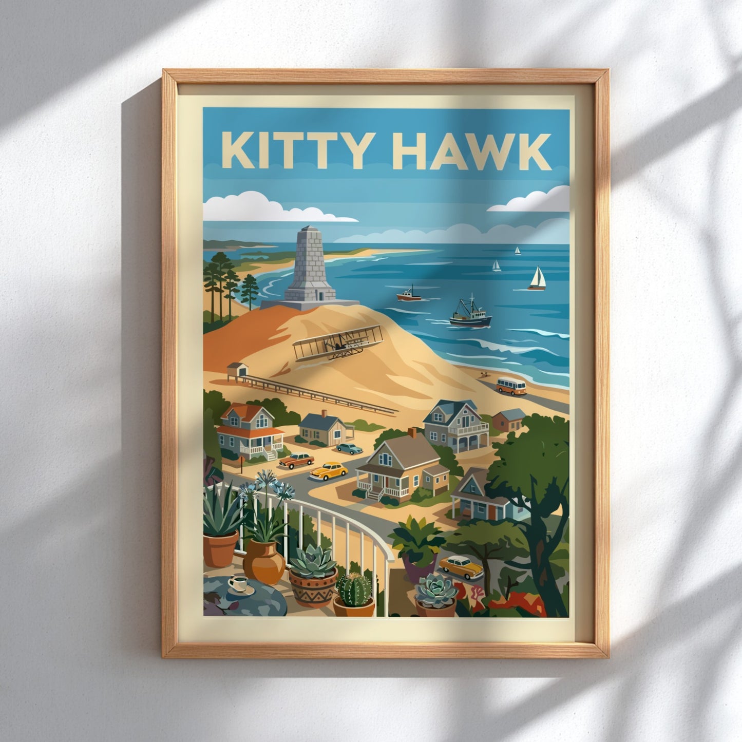 Retro illustration of Kitty Hawk beach with Wright Brothers memorial, vintage airplane, and coastal town.