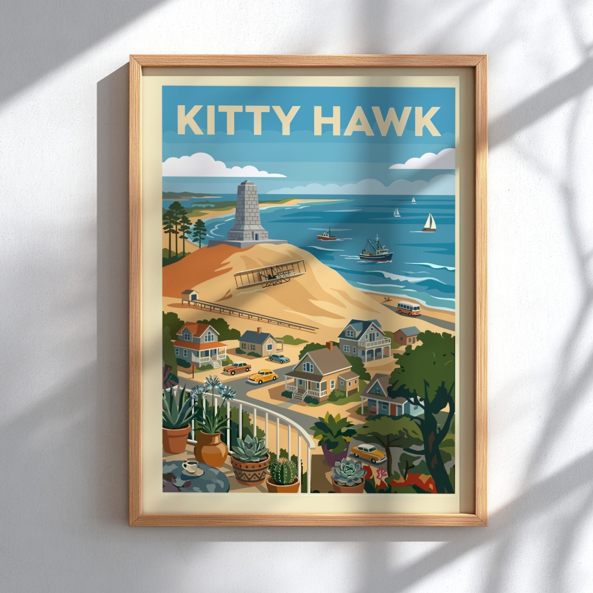 Retro illustration of Kitty Hawk beach with Wright Brothers memorial, vintage airplane, and coastal town.