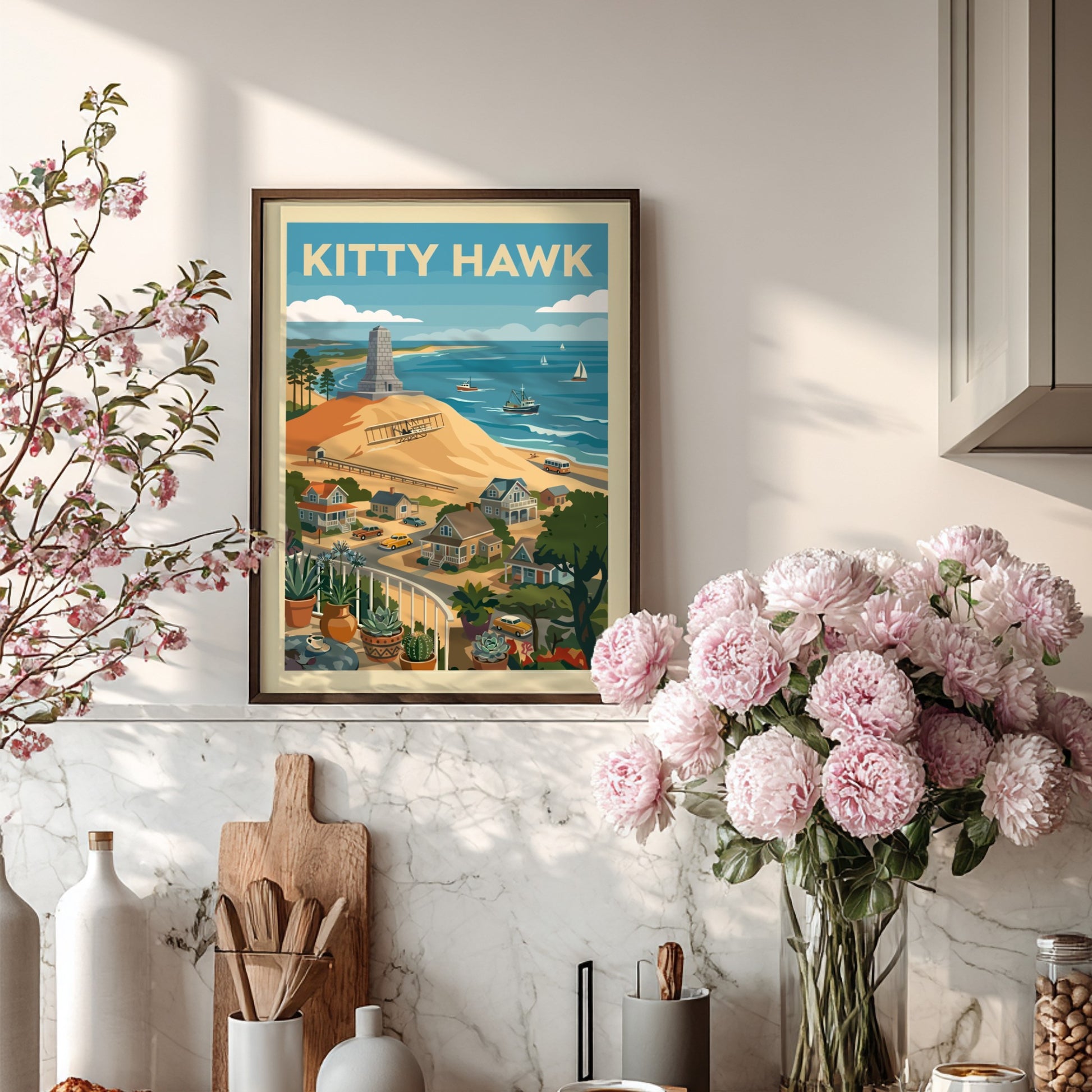 Retro illustration of Kitty Hawk beach with Wright Brothers memorial, vintage airplane, and coastal town.